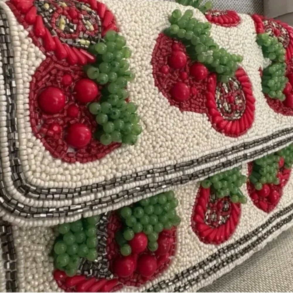 Handcrafted in India Beaded Bag Tomatoes Gingham Interior w Charm NWT